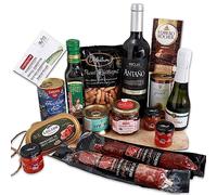 FAMILYCOM. Cesta San Valentin para regalar. Surtido Gourmet con Chocolates originales de regalo. Lote de Embutidos Navidul, Conservas, Selección de Vino y Champagne, Aceite de Oliva y Picos gourmet.