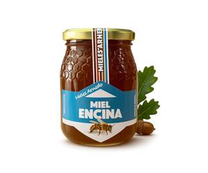 FAMILYCOM. Miel de Abeja Pura 100% Natural y Orgánica, Miel de Azahar, Encina, Romero y Tomillo. Cruda 1Kg Sin filtrar, Alta Concentración de Minerales. Sin pasteurizar. Artesana.(Encina)