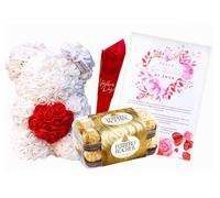 FAMILYCOM. Oso de Rosas, Bombones Ferrero y Rosa Roja. Regalo Original, Navidad, San Valentín, Día de la Madre, Enamorados, Cumpleaños, Regalo Romantico, Aniversario.