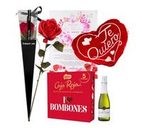 FAMILYCOM. Regalo San Valentin Caja Roja Nestle. Cesta Original con Bombones de Chocolate Para Regalar, Flor Roja, Cava, Peluche Corazon y Pergamino.