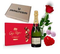 Familycom Regalo San Valentin Hombre, Mujer - Caja Roja Nestle y Moët & Chandon - Cesta Original con Bombones de Chocolate Para Regalar, Flor Roja, Cava, Vela y Bomba de Baño.