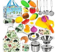 FAMKEEP Juguetes de Cocina para niños Accesorios, 30 Piezas Juguetes de Chef para Niños, Set Utensilios de Cocina Culinario Mini Cocinas de Juguete, Vegetales para Cortar, Delantal y Gorro De Cocinero