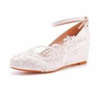 FamMe Zapatos de Boda de Encaje Zapatos de Novia con Punta Cerrada Zapatos de tacón de cuña Mary Jane para Mujer Correa en el Tobillo Zapatos de cuña para Vestido de Novia,Blanca,41