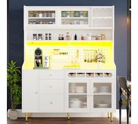 FammyLoft Armario de cocina con iluminación LED, armario buffet con estantes ajustables, armario alto con cajón con estante para vino, armario de cocina, armario de comedor, vitrina, armario de cocina