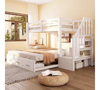 FammyLoft Cama alta infantil 90-180 x 190 y 90 x 200 cm con cajones, cama nido con compartimentos, litera de madera de pino+MDF para hermanos, cuna, cama doble, sin colchón, color blanco