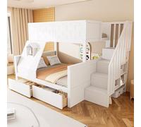 FammyLoft Cama alta para niños con espacio de almacenamiento, 90 x 200 + 140 x 200 cm, litera con cajones y ventana, litera para 2 niños, cama de almacenamiento, cama juvenil, cama alta para niños