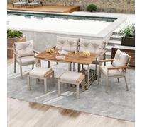 FammyLoft Conjunto de asientos para exteriores para hasta 6-7 personas, mesa de jardín con sillones y carrito de comedor extraíble, juego de asientos para exteriores con funda de tela lavable, madera