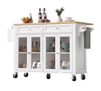 FammyLoft Isla de cocina con ruedas, isla de cocina extensible con puertas de cristal, carrito de cocina con vetas de madera y gran espacio de almacenamiento para cocina, comedor, armario de buffet