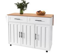 FammyLoft Isla de cocina con ruedas, isla de cocina multifuncional con tablero plegable, armarios de almacenamiento y 2 cajones, carrito de cocina con 5 ruedas para cocina, comedor, color blanco