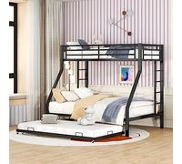 FammyLoft Litera 90 x 200 cm, 140 x 200 cm, litera para 3 niños con cama extraíble, cama alta de metal para adultos con escalera en ambos lados, sin colchón, color negro