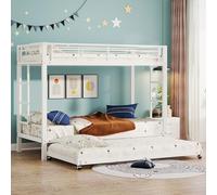 FammyLoft Litera para 3 niños con cama nido, 90 x 200 cm, con barandilla alta (certificado EN747), cama con escalera, cama doble, sin colchón, color blanco