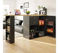 FammyLoft Mesa de bar plegable con 2 cajones, giratoria 360°, mesa de bar de cocina con estantes, moderna mesa de bar móvil, mesa de bar, mesa alta (105-138 x 39 x 102 cm), color negro