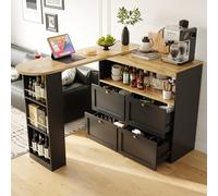 FammyLoft Mesa de bar plegable con 4 cajones, giratoria 360°, mesa de bar de cocina con estantes, moderna mesa de bar móvil, mesa alta, isla de cocina, (105-138 x 39 x 102 cm), color negro