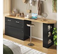 FammyLoft Mesa de bar plegable con dos cajones, mesa de bar cocina con espacio de almacenamiento, moderna mesa de bar móvil, mesa alta, isla de cocina, encimera de cocina, mesa alta (137-215 x 39 x