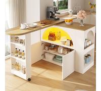 FammyLoft Mesa de bar plegable con espacio de almacenamiento, mesa de bar cocina con LED, moderna mesa de bar móvil, mesa alta, isla de cocina, encimera de cocina, diseño de puerta abovedada, (135-205