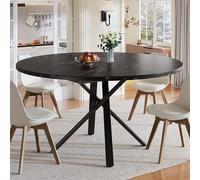 FammyLoft Mesa extensible redonda (100-140 x 100 x 75,5 cm) con aspecto de mármol, mesa de comedor extensible con estructura robusta de metal X, mesas de comedor para cocina y salón, color negro (no