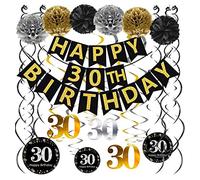 Famoby Black & Gold Glittery Happy 30th Birthday Banner, poms, kit de 30 remolinos colgantes para 30 cumpleaños fiesta 30 aniversario decoraciones suministros