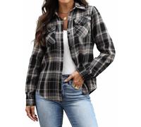 Famrrifuu Camisa de franela a cuadros para mujer, ligera, 100 % algodón, casual, con botones, manga larga, a cuadros, con bolsillos, Negro, L