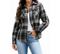Famrrifuu Camisa de franela a cuadros para mujer, ligera, 100 % algodón, casual, con botones, manga larga, a cuadros, con bolsillos, Negro, M