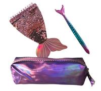FAMU Land Estuche Escolar de Sirena para Niña - Pack con Libreta Estuche y Bolígrafo - Material Escolar Infantil para Regalar. Bloc con Escamas Rosados Brillantes de Sirena. (Rosa) (Rosa) (Lila)