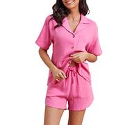 Famulily 100 % algodón para mujer, conjunto corto de pijama, cuello en V, blusa de manga corta con botones y pantalones cortos con bolsillos y cordón, 2 piezas, conjunto de pijama para casa, playa