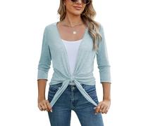 Famulily Cárdigans de punto transparentes para mujer, manga 3/4, atado al frente, ligeros, para el verano, azul celeste, L