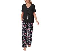 Famulily Conjunto de pijama de 2 piezas para mujer, manga corta, cuello en V, botones y pantalones con estampado floral, pijama suave para mujer, tallas S-XXL, Negro, XL