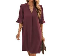 Famulily - Vestido de mujer con escote en V, mangas cortas, elegante, de una sola pieza, casual, de verano, corto, tallas S-XXL, Vino, XXL