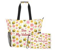 famyily Bee My Valentine - Bolsa grande romántica a prueba de arena con cremallera y bolsillos de malla, 2 bolsas de fin de semana para juguetes, bolsa de piscina, accesorios de playa