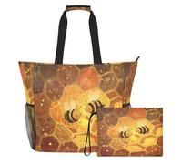 famyily Bumble Bees Honeycomb - Bolsa portátil para mujer con cremallera y bolsillos de malla, 2 bolsas de fin de semana para viajes, gimnasio