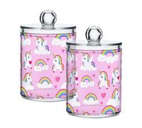 famyily Cajas de almacenamiento de plástico transparente con tapa con diseño de unicornios y corazones y arco iris, cubo de almacenamiento decorativo para bastoncillos de algodón, almohadillas de