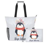 famyily Hope Blooms Penguin - Bolsa portátil resistente con cremallera y bolsillos de malla, 2 bolsas de fin de semana para juguetes, toallas, viajes, crucero