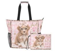 famyily Just A Girl Who Loves Puppy - Bolsa de playa de gran capacidad con cremallera y bolsillos de malla, 2 bolsas de fin de semana para juguetes, toallas, viajes, crucero