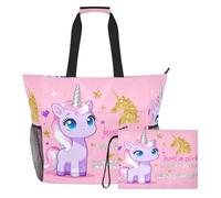 Famyily Just A Girl Who Loves Unicorns - Bolsa de mano portátil resistente con cierre y bolsillos de malla, 2 bolsas de fin de semana para juguetes, toallas, viajes, crucero