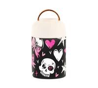 famyily Patrón negro y rubor con calaveras blancas, fondo negro, bonito lazo en la cabeza, corazones, estrellas y lazos en estilo de monstruo, acero inoxidable, aislada al vacío, lonchera con cuchara