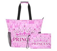 famyily Princess and Crown - Bolsas de playa de gran capacidad con cremallera y bolsillos de malla, 2 bolsas de viaje de fin de semana para piscina, crucero y vacaciones en la playa