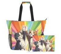 famyily Rainbow Cute Cats - Bolsa grande resistente con cremallera y bolsillos de malla, 2 bolsas de fin de semana para viajes, gimnasio