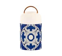 famyily Recipientes de almuerzo aislados al vacío de acero inoxidable con patrón vintage azul y blanco con cuchara para mujer, bebidas de 17 onzas