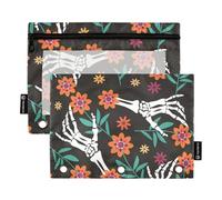 famyily Scary Skulls Skeleton Happy Halloween - Carpeta con cremallera y ventana transparente, carpetas grandes y resistentes, 3 anillos para la escuela, la oficina y el hogar, multicolor, 2 unidades