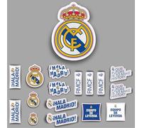 fan decor Real Madrid Pack de Pegatinas - 17 Pegatinas Oficiales Licenciadas - Vinilo Resistente al Agua, Sin Residuos - Portátil, Móvil, Casco, Maleta, Pared - Regalo Madridistas - 50x30cm