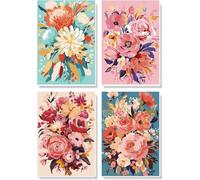 Fan House Pintar por Numeros Adultos, Pack 4 Kit de Pintura por Números, con Pinceles Pigmento Acrílico, Pintura de Dibujo DIY, Paisajes Paint by Numbers Kits sin Marco Flores 20 x 30 cm