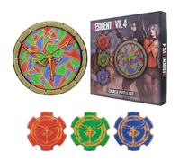 FaNaTtik Resident Evil 4 Church Puzzle - Juego de medallones de edición limitada coleccionable (réplica del emblema de Las Plagas, 4 medallones con soporte de exhibición), caja numerada y con licencia