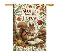 Fanciful - Bandera de casa con cita de ardilla de bosque otoñal, 71 x 101 | Tema del bosque, bandera de patio, ardilla de escritura, pluma y libro, bosque rústico, decoración de patio de temporada