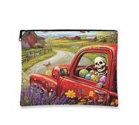 Fanciful - Bolsa de maquillaje de esqueleto vintage, bolsa de cosméticos floral de camión rojo para mujer, organizador de viaje portátil de lona con cremallera, bolsa de aseo de primavera y Pascua, 7