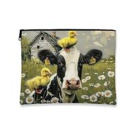 Fanciful - Bolsa de maquillaje vintage con diseño de vaca y patitos para mujer, organizador portátil de lona con cremallera, bolsa de aseo de regalo para festivales de primavera, negro y amarillo, 7x9