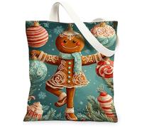 Fanciful - Bolsas de lona reutilizables con diseño de pan de jengibre, bolsas de comestibles reutilizables y ligeras con correa de hombro para compras, viajes y picnics, 13 x 15 pulgadas