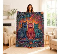 Fanciful Cats - Manta bohemia de arte floral de 101,6 x 127 cm | Patrones florales bohemios, mantas peludas, arte animal fantástico, paleta de colores vibrantes, decoración acogedora para la