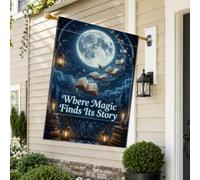 Fanciful Floating Books - Bandera de casa con cita literaria de 28 x 40 | Tema de fantasía fantástica, bandera de patio, obra de arte con cita literaria, horizonte nocturno de luna llena