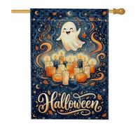 Fanciful Ghost And Candles - Bandera de casa de Halloween de 71 x 101 cm | Velas brillantes, bandera de patio, horizonte de noche estrellada, hojas de otoño, ilustración fantástica