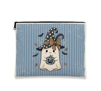 Fanciful Ghost Witch - Bolsa de maquillaje para Halloween, 17,8 x 22,8 | Diseño de sombrero de bruja, bolsa de maquillaje con cremallera, detalle de lazo con estampado de leopardo